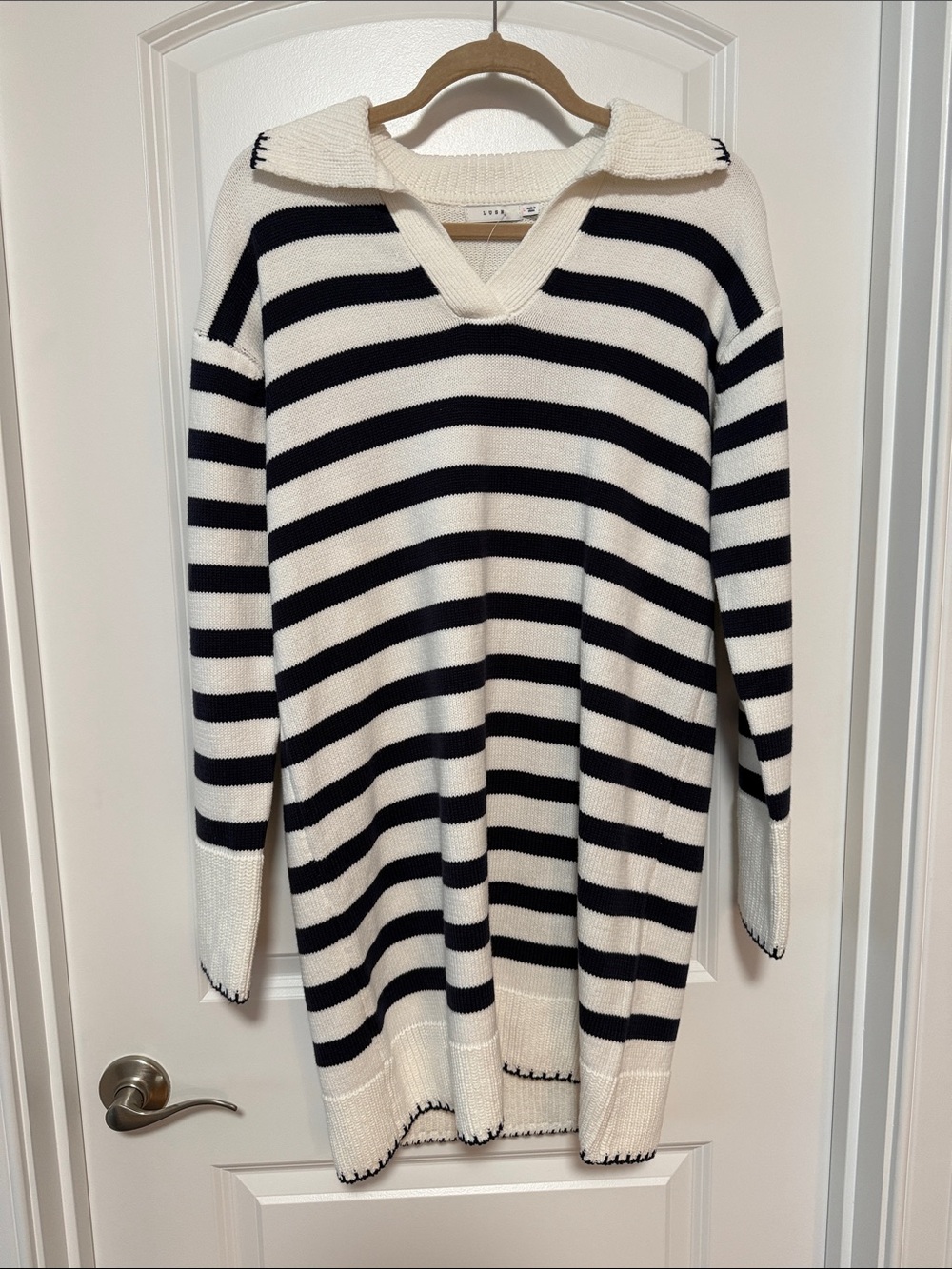 Striped V-Neck Sweater Dress - Navy and White
